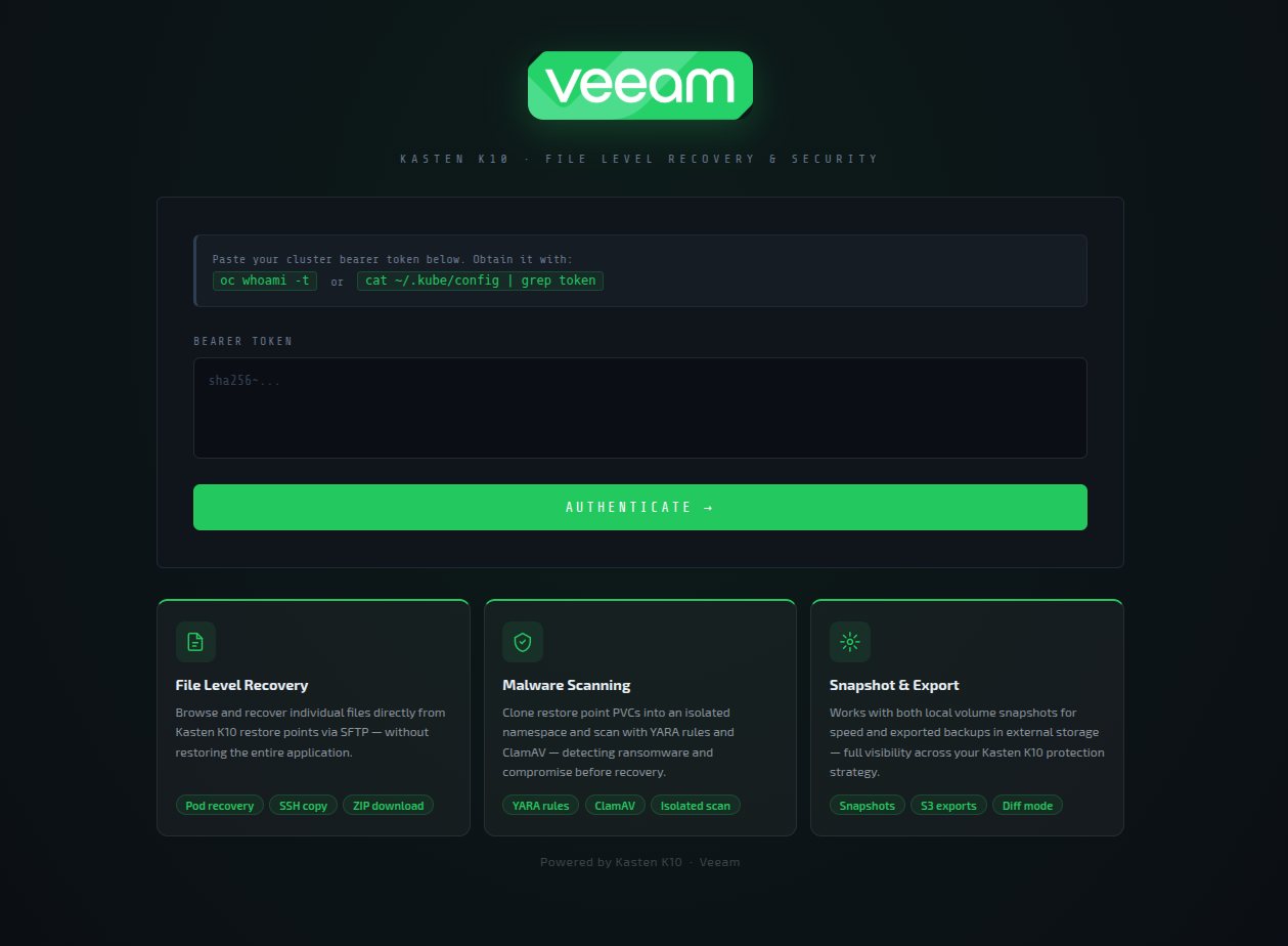 Kasten FLR UI — File Level Recovery, Malware Detection & Scheduled Scanning